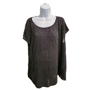 EILEEN FISHER Black‎ Textured Burnout Sheer Short Sleeve Top Size L